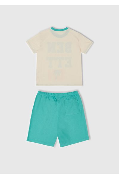 United Colors of Benetton Boys' Turquoise Letter Printed T-Shirt and Shorts Pajama Set