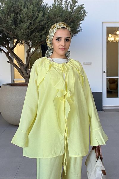 Aselim Hijap Moda Σετ κιμονό από βαμβακερό βολάν – Καλοκαιρινό ντραπέ διπλό κιτ κίτρινο