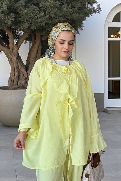 Aselim Hijap Moda Σετ κιμονό από βαμβακερό βολάν – Καλοκαιρινό ντραπέ διπλό κιτ κίτρινο
