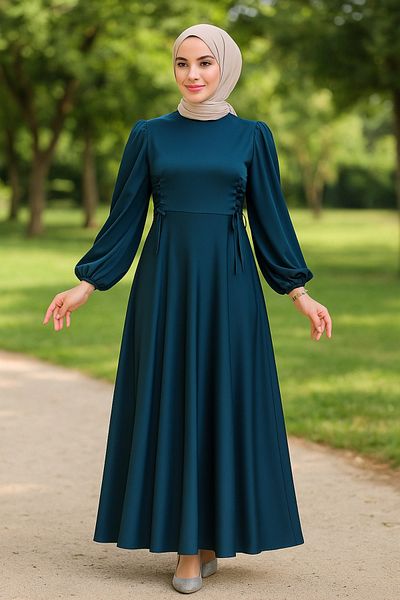 Neva Style Balloon Sleeve Oil Green Satin Hijab Evening Dress 61501Py