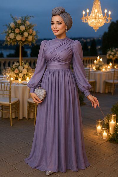 N.S NEVA STYLE Βραδινό φόρεμα με ντραπέ λιλά Hijab 44081LILA