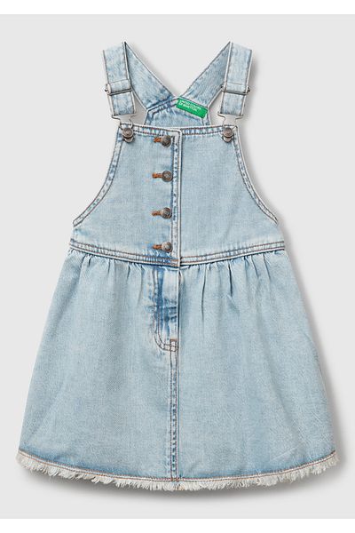 United Colors of Benetton Girl's Light Denim Stone Washed Pleated Adjustable Strap Denim Salopet