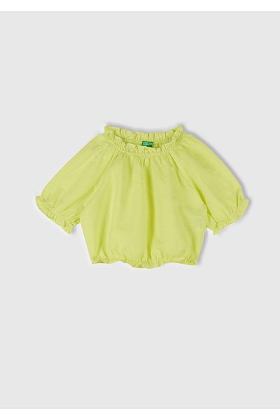 United Colors of Benetton Жълта блуза с къс ръкав от ленена смес за момиче