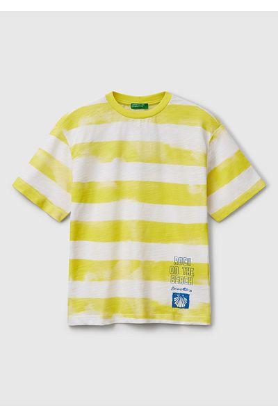 United Colors of Benetton Boy's Yellow Printed Brush Stroke Striped Crew Neck Oversize T-Shirt