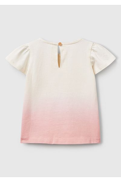 United Colors of Benetton Baby Pink Color Transition Front Printed Handle Frilly Crew Neck T-Shirt