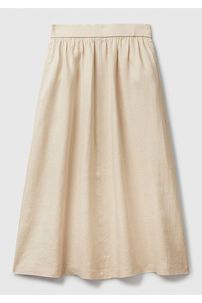 United Colors of Benetton Women's Stone Color 100% Linen Pleated Long Skirt with Elastic Back Waist