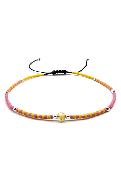 Lexy's Boutique Ankle Bracelet, Handmade, 925 Silver, Adjustable, Miyuki Beads and Citrine, Yellow/Pink
