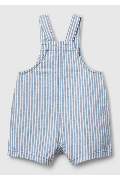 United Colors of Benetton Baby Light Blue Striped Short Jumpsuit with Logo Detail and Pocket Side Hidden Snaps