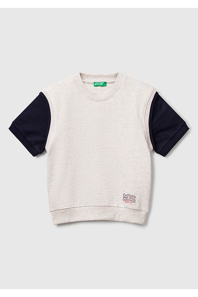 United Colors of Benetton Boy's Light Gray Melange Logo Printed Vest Effect Short Sleeve Sweatshirt
