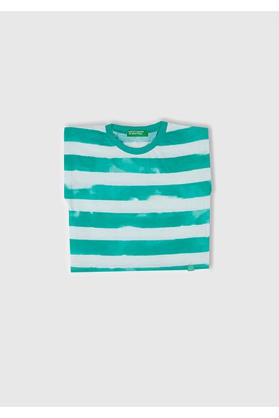 United Colors of Benetton Girls Green Striped Neck Ribbed Logo Label Detail Sleeveless T-Shirt