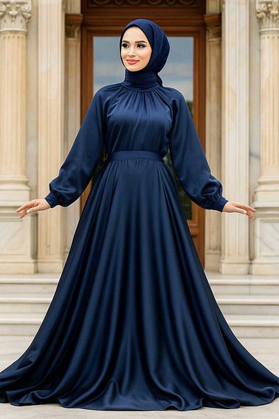 Neva Style Satin Navy Blue Hijab Evening Dress 5758L