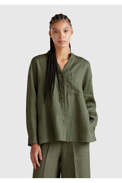 United Colors of Benetton Cămașă de damă kaki 100% in, supradimensionată, cu guler mandarin, cu buzunar în față stânga
