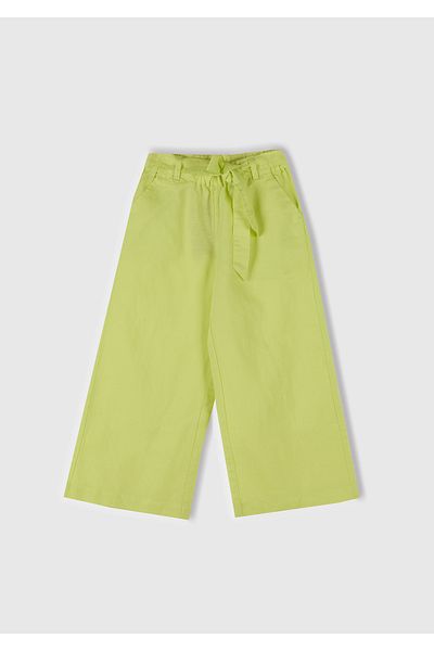United Colors of Benetton Girls' Yellow Linen Blend Wide Leg Pants with Stitched Waist Belt