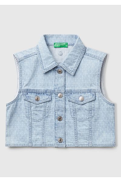 United Colors of Benetton Дънков елек за момиче с копче на преден джоб и бродерия на лого