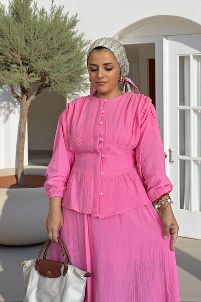 Aselim Hijap Moda 4 Layer Muslin Skirt Set |   Summer Cotton Suit with Belt |   Size 36-42 Pink