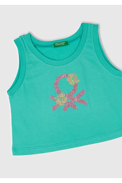 United Colors of Benetton Girl's Green Glitter Benetton Logo Printed Undershirt