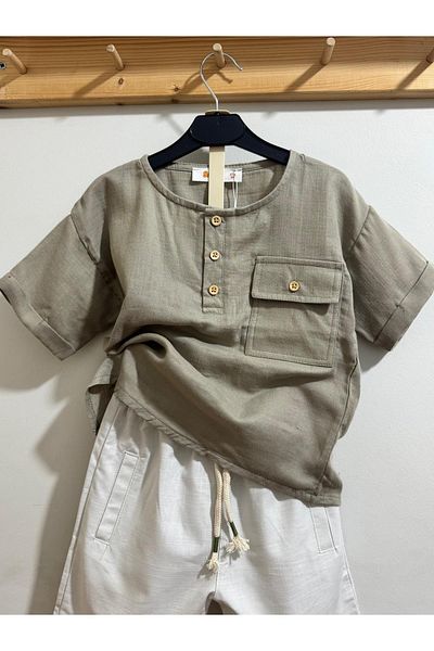 Motebarn Wear Boy's Linen Woven Shirt Shorts Top and Bottom Set Khaki