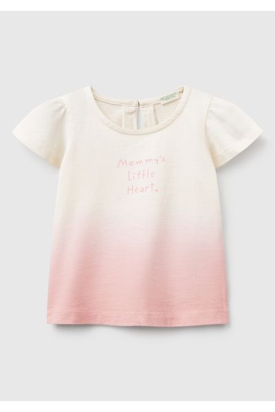 United Colors of Benetton Baby Pink Color Transition Front Printed Handle Frilly Crew Neck T-Shirt