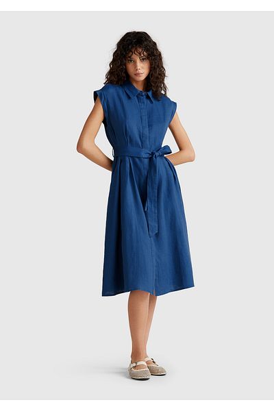 United Colors of Benetton Women's Denim 100% Linen Pleated Detachable Belted Shirt Dress