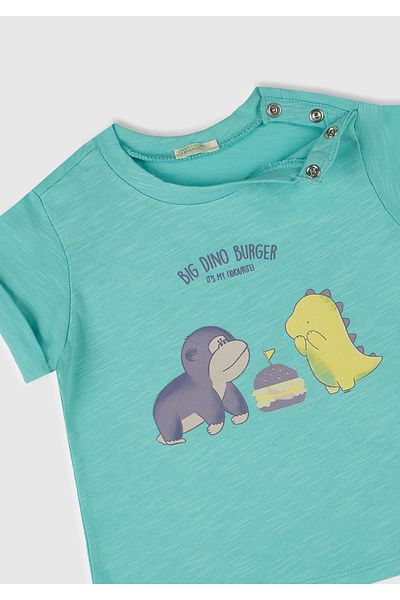 United Colors of Benetton Baby Water Green Front Printed T-Shirt with Snap Cuff Detail on the Shoulder