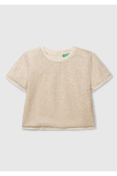 United Colors of Benetton Κοριτσίστικη μπλούζα με κοντό μανίκι με παγιέτες από τούλι με ένα κουμπί στην πλάτη