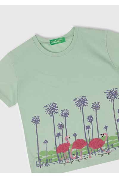 United Colors of Benetton Girl's Water Green Front Printed Tulle Appliqued Slit T-Shirt