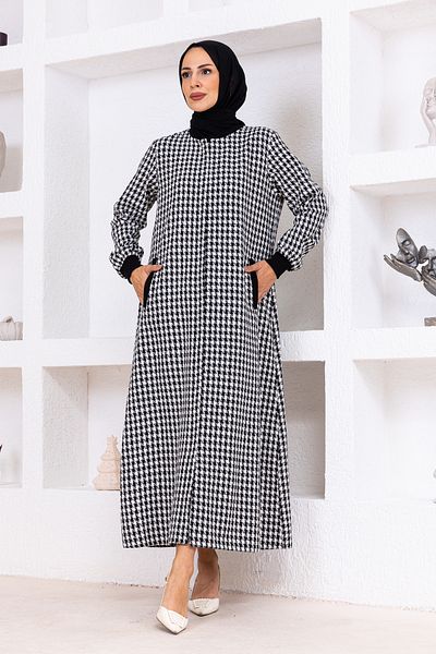 OKTAYUSTA COLLECTİON Houndstooth Patterned Winter Casual Full Length Zippered Hidden Placket Abaya