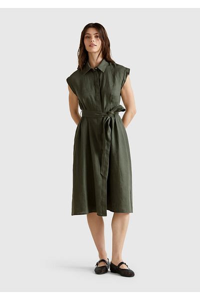 United Colors of Benetton Women's Khaki 100% Linen Pleated Shirt Dress with Detachable Belt