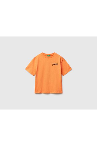 United Colors of Benetton Boy's Orange Photo Printed Oversize T-Shirt