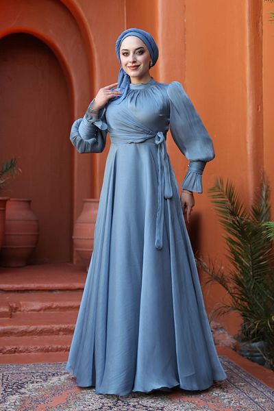 N.S NEVA STYLE - Βραδινό φόρεμα Indigo Blue Hijab με λεπτομέρεια δεμένη 48051IM