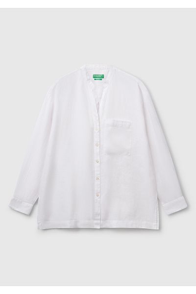 United Colors of Benetton Cămașă albă de damă, 100% in, supradimensionată, cu guler mandarin, cu buzunar în față stânga