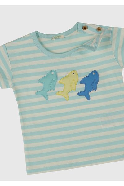 United Colors of Benetton Baby Dust Blue Striped Front Printed Shoulder Logo Button T-Shirt