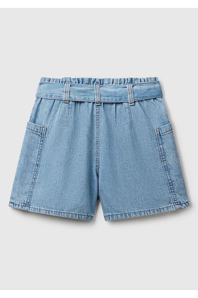 United Colors of Benetton Pantaloni scurți din denim pentru fete, cu curea din denim, cu talie, cu buzunare laterale, cu logo