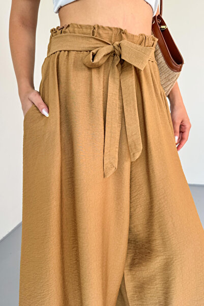 Cappmoda Pnt-07410 Mink Woven Belted Shalwar Skirt Trousers