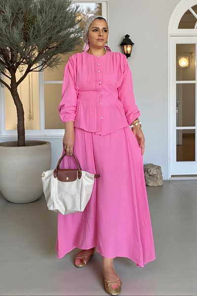 Aselim Hijap Moda 4 Layer Muslin Skirt Set |   Summer Cotton Suit with Belt |   Size 36-42 Pink