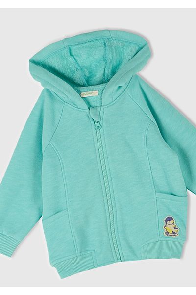 United Colors of Benetton Baby Water Green Logo Zippered Patch Pocket Ribbed Hooded Sweatshirt