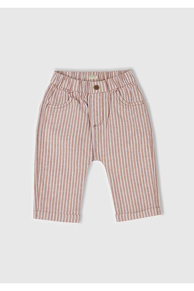 United Colors of Benetton Baby Beige Striped Pants with Logo on the Back and Patch Pocket Elastic Waist