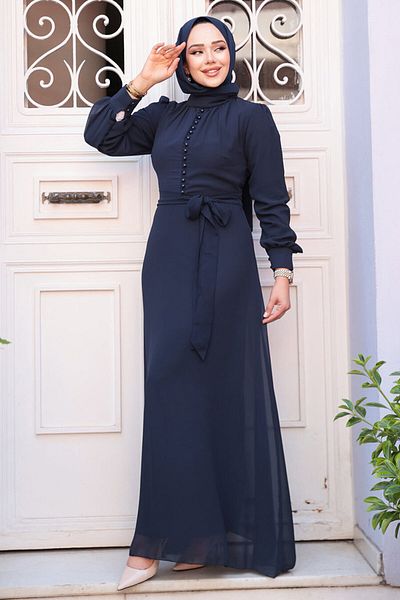 N.S NEVA STYLE Κουμπί Λεπτομερές Σκούρο Μπλε Φόρεμα Hijab 2703KL