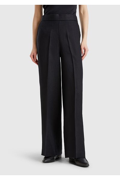 United Colors of Benetton Women's Black 100% Linen Palazzo Trousers with Side Pockets and Elastic Back Waist