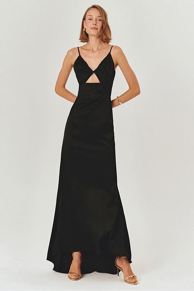 Exquise Strappy A-Line Regular Fit Black Satin Maxi Dress