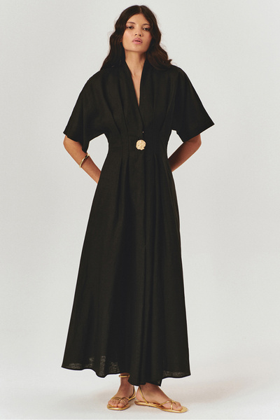 Exquise Düğme Detaylı Bele Oturan A Kesim Midi Keten Elbise