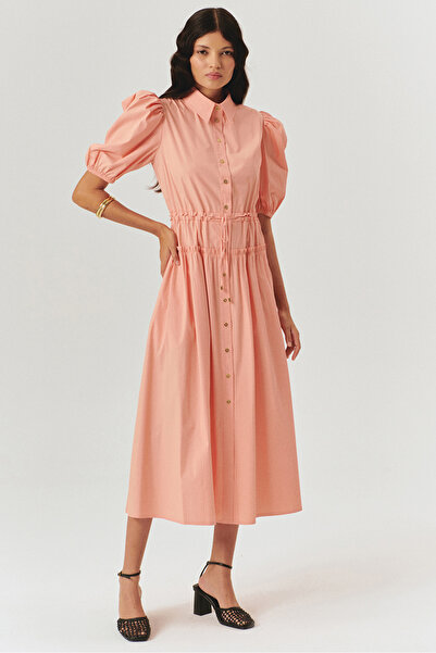 Exquise Balloon Sleeves Waist Seat Salmon Midi Length Shirt Dress