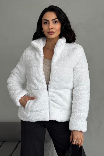 moda armanc Women's Puffer Jacket - Plush Embossed Teddy, Ecru