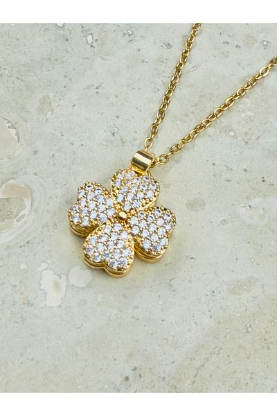 Snartun Zircon Stone Gold Clover Detailed Movable Steel Necklace I Special Boxed