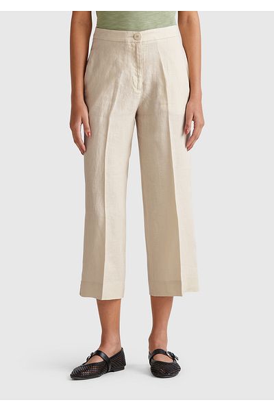 United Colors of Benetton Women's Stone Color 100% Linen Buttoned Zippered Flared Trousers with Cut Legs