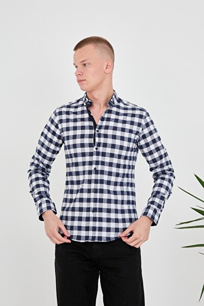 jack carisma Sötétkék-fehér karcsúsított kockás-kockás férfi pamut ing