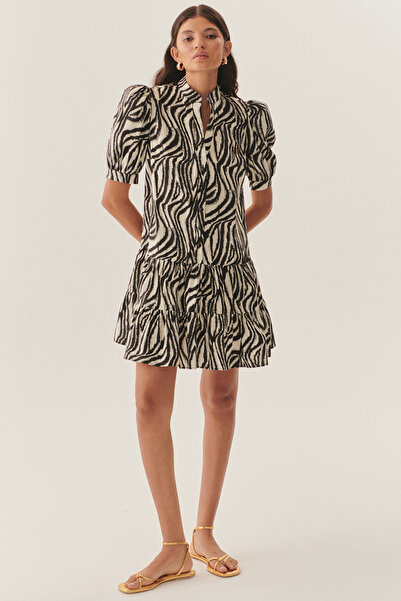 Exquise Zebra Pattern Pleated Short Sleeve Regular Cotton Mini Dress