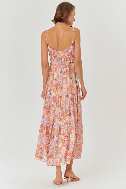 Exquise Çiçek Desenli Askılı Midi Elbise