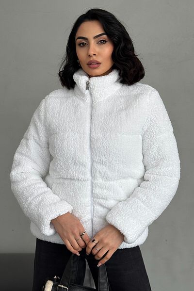moda armanc Women's Puffer Jacket - Plush Embossed Teddy, Ecru
