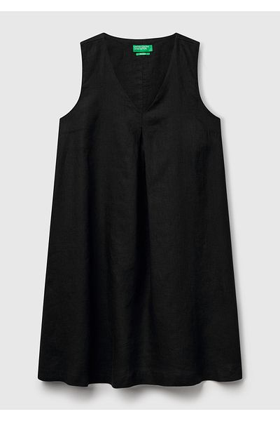 United Colors of Benetton Women's Black 100% Linen Side Zipper A-Line V-Neck Short Dress